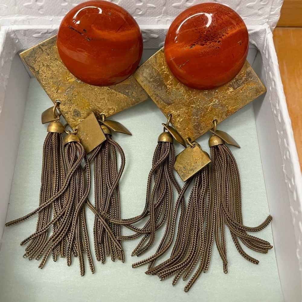 Boho Clip-On Metal Stone Earrings Gold w/ Orange